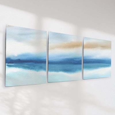 Quadro Decorativo Abstrato Aquarela Azul Kit 3 Tela 100x150CM em Canvas Bege e Branco