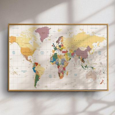 Quadro Decorativo Mapa Mundi Moldura Flutuante Retangular em Madeira Amadeirado 60x90CM