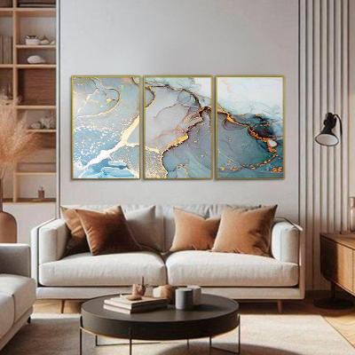 Quadro Decorativo Abstrato Azul com Dourado Kit 3 Retangular em Madeira com Fixação por Parafuso