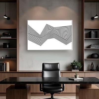 Quadro Decorativo Abstrato Linhas Pretas Retangular Canvas Moldura Flutuante Branca 50x70CM