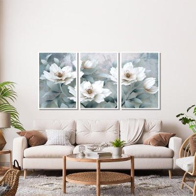 Quadro Decorativo Floral Kit 3 Retangular 60x90CM em Madeira Branco