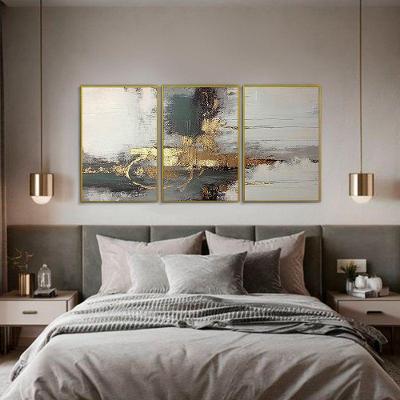 Quadro Decorativo Abstrato Cinza com Dourado Kit 3 Retangular com Moldura Flutuante Dourada