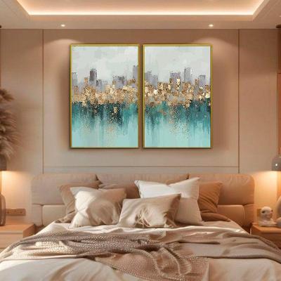 Quadro Decorativo Abstrato Verde e Dourado Retangular 60x90CM em Madeira com Fixação em Parafuso
