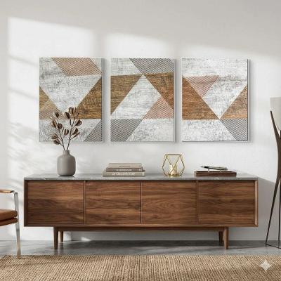 Quadro Decorativo Abstrato Mosaico Kit 3 Retangular em Madeira de Reflorestamento Branca