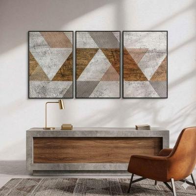 Quadro Decorativo Abstrato Mosaico Kit 3 Retangular em Madeira de Reflorestamento Preto