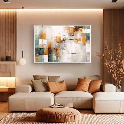 Quadro Decorativo Abstrato Retangular 60x90CM com Moldura Branca Dourado e Verde