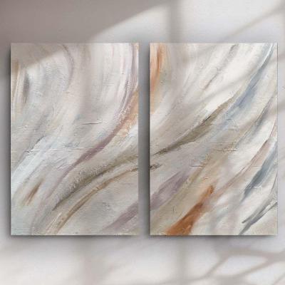 Quadro Decorativo Abstrato Pinceladas Kit 2 Retangular 60x90CM em Madeira Bege