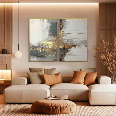 Quadro Decorativo Abstrato Cinza com Dourado Kit 2 Retangular Canvas Moldura Flutuante Dourada