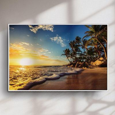 Quadro Decorativo Praia com Coqueiro Retangular Canvas Moldura Flutuante Branca 50x70CM