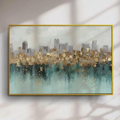 Quadro Decorativo Abstrato Retangular 60x90CM com Moldura Filete Dourada Verde