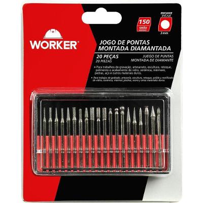 Jogo de Pontas Diamantadas G150 com Precisão para Metais e Vidros e Pedras Prata Worker 20 Peças
