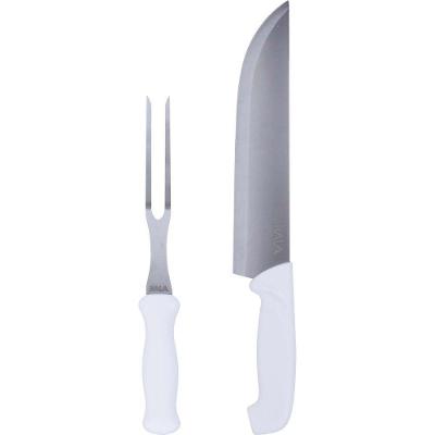 Kit Garfo e Faca para Cozinha 2 Peças Aço Inox Polido Cabo Polipropileno Branco Kala