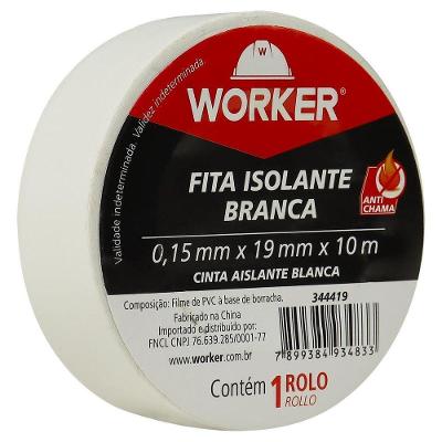 Fita Isolante Antichama 19mmx10m Alta Adesão Resistência a Rasgos Branca Worker