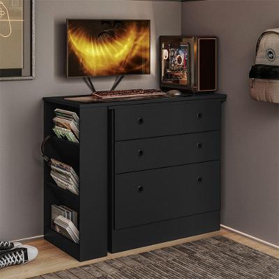 Cômoda com Mesa Giratória Gamer em l Moderno 3 Gavetas MDP Preto Qmovi