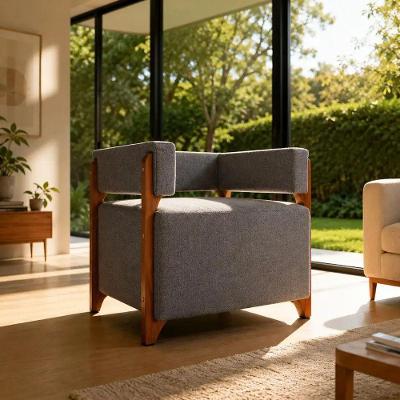 Poltrona Decorativa Dunna Moderna em Linho com Pés Palito Confortável Cinza Movellu Home