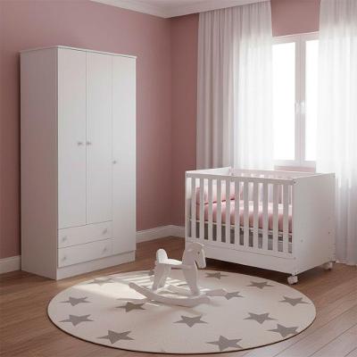 Quarto de Bebê Doce Sonho com Berço Vira Cama e Roupeiro 3 Portas 2 Gavetas MDP 15-12 Branco Qmovi