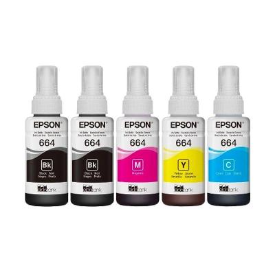 Kit Tinta para Impressora T664 Original 5 Refis 2 Pretos 3 Coloridos Epson 70ML