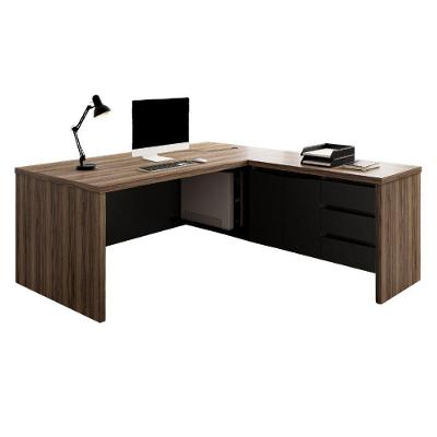 Mesa Escritorio em l Chefia Moderno 3 Gavetas Tamburato Preto Artany