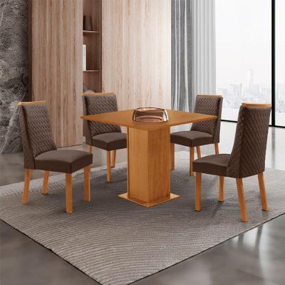 Conjunto de Jantar Loren 4 Lugares Tampo MDF Cadeiras Veludo Marrom 90CM Moderna