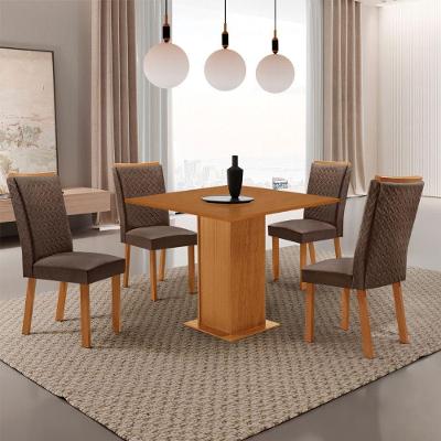 Conjunto de Jantar Loren 4 Lugares Tampo MDF com Cadeiras Lisa em Veludo Marrom 90CM Moderna