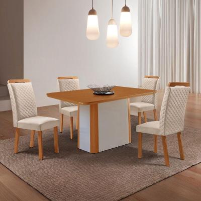 Conjunto de Jantar Eloise e Lorena 4 Lugares Tampo MDF Canto Copo Fosco Veludo Creme 120CM Moderna