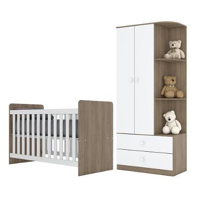 Conjunto de Quarto Labirinto com Guarda Roupa e Berço 2 Portas 2 Gavetas MDP-MDF Rústico-branco