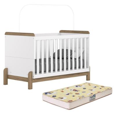 Berço Americano Mini Cama Ternura MDF Colchão Incluso Branco e Jequitibá Móveis Henn
