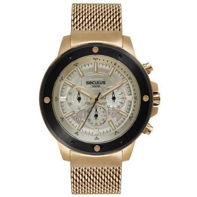 Relógio Masculino Cronógrafo Malha de Aço em Aço Inox com Fecho Dobrável Dourado Séculus 48MM