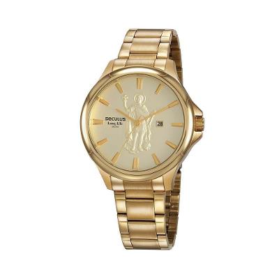 Relógio Masculino Santo Expedito Dourado Clássico em Aço Inox Séculus 48MM