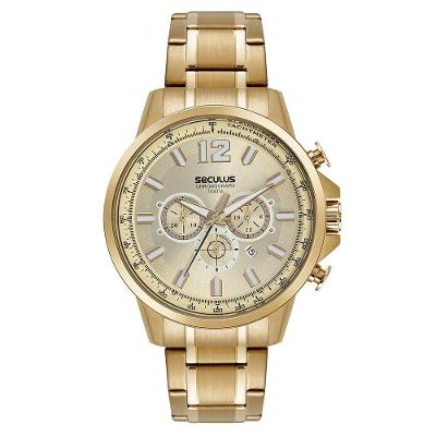 Relógio Masculino Cronógrafo Aço Inox Caixa Robusta Dourado Séculus 5CM