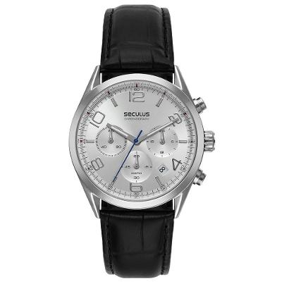 Relógio Masculino Cronógrafo Vidro Abaulado Couro Prata Séculus 4CM