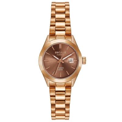 Relógio Feminino Automático Clássico em Aço Inox Mostrador Marrom Séculus 28CM