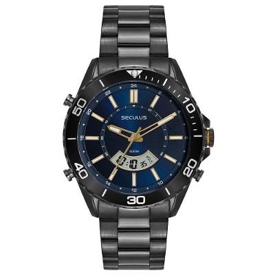 Relógio Masculino Movimento Sorriso Esportivo Aço Inox Cinza Séculus
