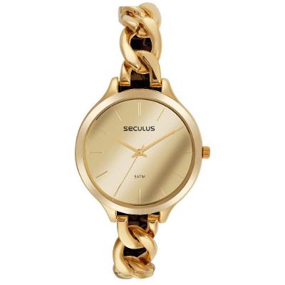 Relógio Feminino Espelhado Dourado Clássico em Aço Inox com Aplicação Espelhada Séculus
