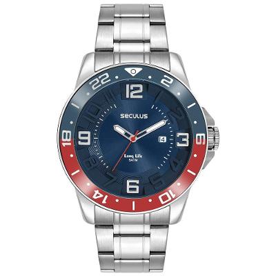 Relógio Masculino Bicolor com Calendário e Bezel Aço Inox Azul Séculus 48MM