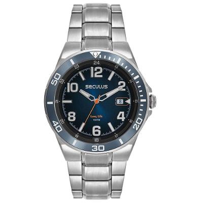 Relógio Masculino Trava Analógico Aço Inox Calendário 10 ATM Azul Séculus