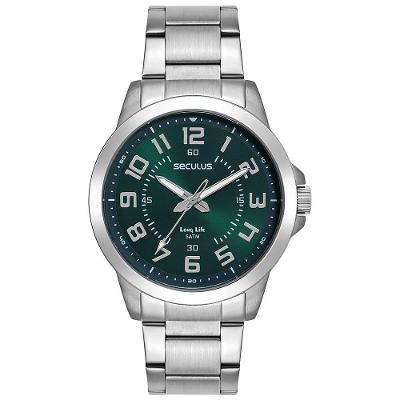 Relógio Masculino Todo em Aço Mostrador Verde Casual com Pulseira em Aço Inox Séculus 44MM