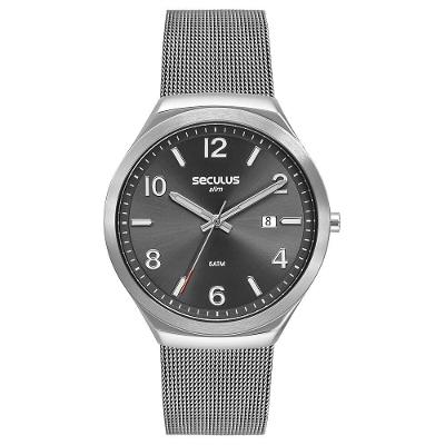 Relógio Masculino Slim Analógico Aço Inox Visor Cinza Prata Séculus