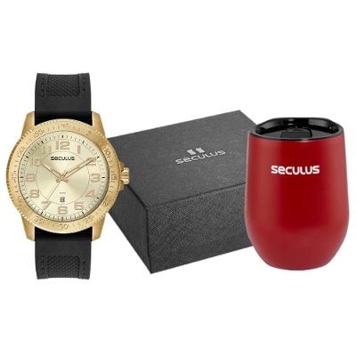 Relógio Masculino Champagne Analógico em Silicone com Mostrador Dourado Séculus 48MM