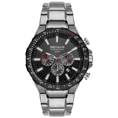 Relógio Masculino Cronógrafo Fibra de Carbono Prata com Pulseira em Aço Inox Séculus
