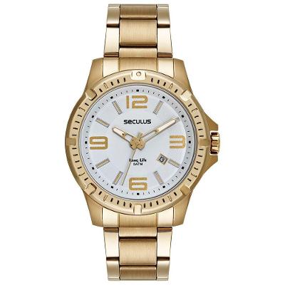 Relógio Masculino Casual Aço Dourado Analógico em Aço Inox com Fecho Dobrável Séculus