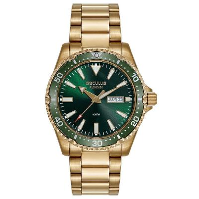Relógio Masculino Automático MIYOTA 8205 Mostrador Verde Aço Inox Dourado Séculus