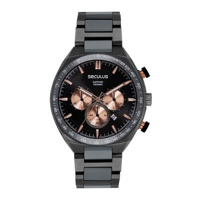 Relógio Masculino Premium Aço e Cerâmica Analógico em Aço Inox com Fecho Dobrável Preto Séculus