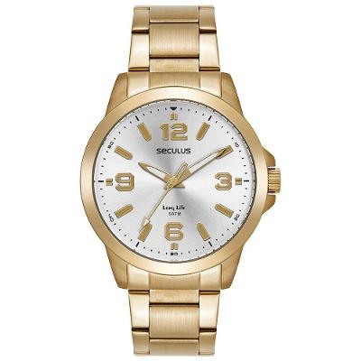 Relógio Masculino Dourado Aço Analógico em Aço Inox com Cristal Mineral Séculus