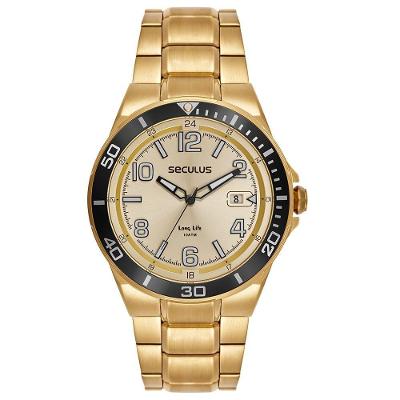 Relógio Masculino Calendário Analógico Aço Inox Dourado Séculus 45MM