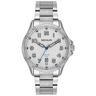 Relógio Masculino Texturizado Aço Prata Analógico Aço Inox Séculus 44MM