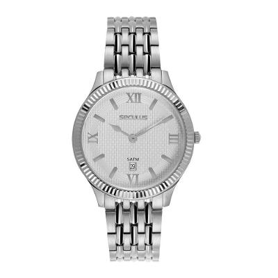 Relógio Masculino Bisel Serrilhado Prata Clássico com Pulseira em Aço Inox Séculus 42MM