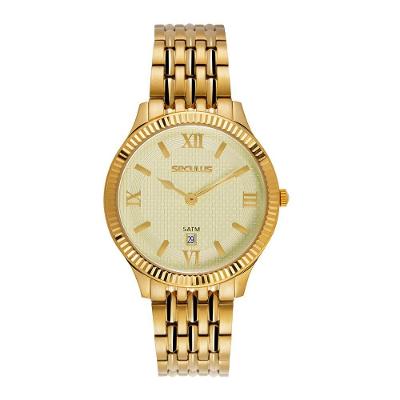 Relógio Masculino Slim Clássico em Aço Inox Dourado Séculus 42MM