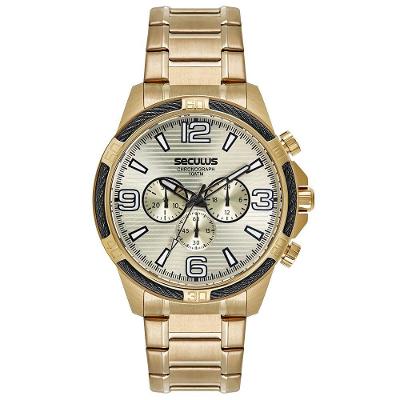 Relógio Masculino Cronógrafo Aramado Dourado em Aço Inox com Fecho Dobrável Séculus