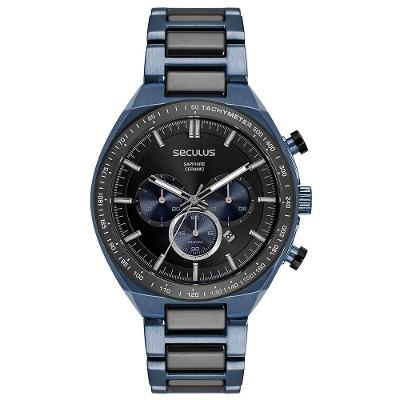 Relógio Masculino Cronógrafo Cerâmica Azul e Preto em Aço Inox com Fecho Dobrável Séculus